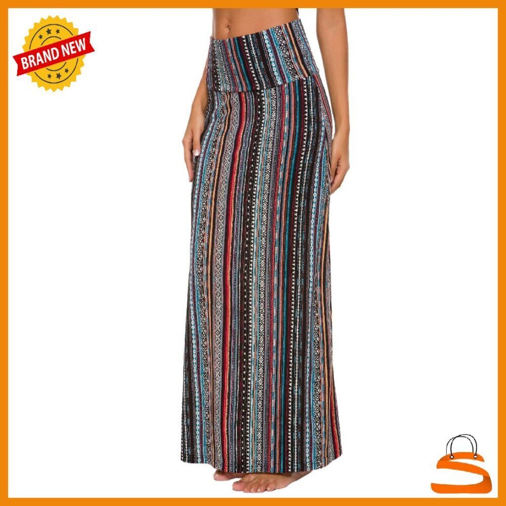 Spandex Fold-Over Flare Maxi Skirt - High Waist Long Skirt